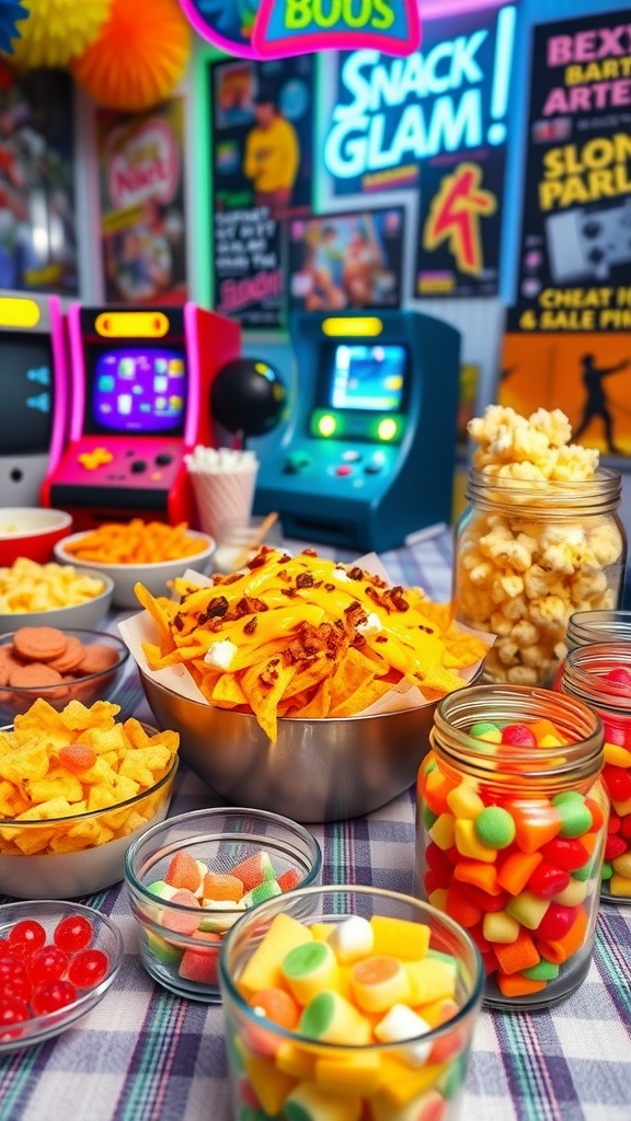 An 80s themed snack bar with nachos, popcorn, and colorful candies on a vibrant table.